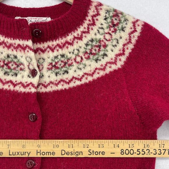 JOHN TULLOCH Sweater Womens XS Shetland 100% Wool Fair Isle Cardigan Red VTG - Picture 10 of 12